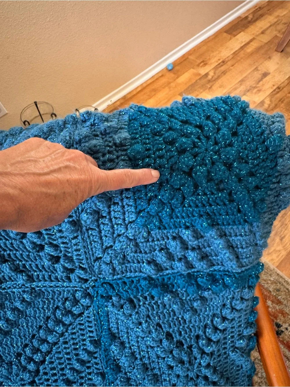 Handmade Blue Sparkle Crochet Afghan Blanket Textured Square Motif Boho Throw